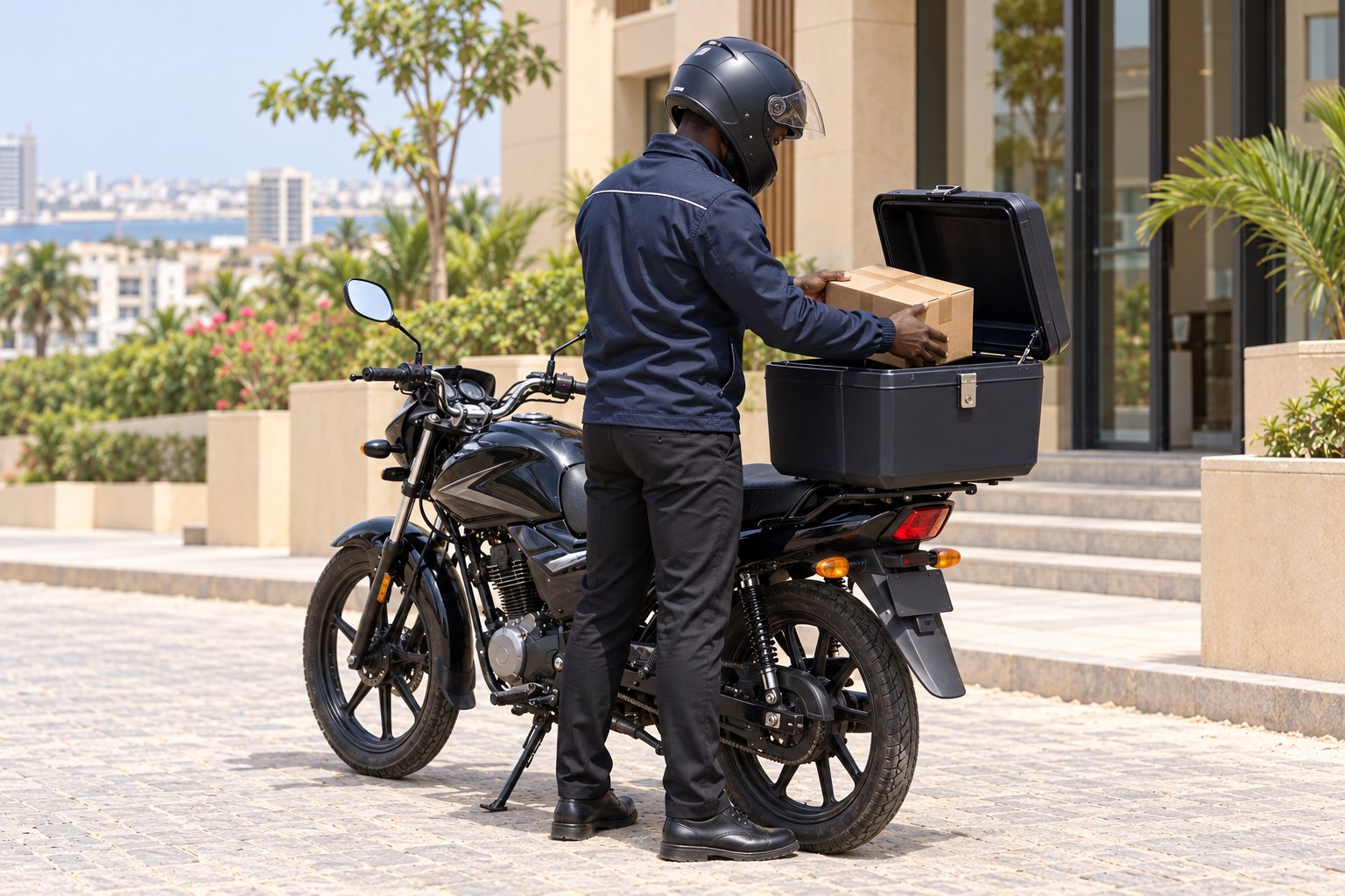Coursier chargeant un petit colis dans le coffre de livraison d’une moto